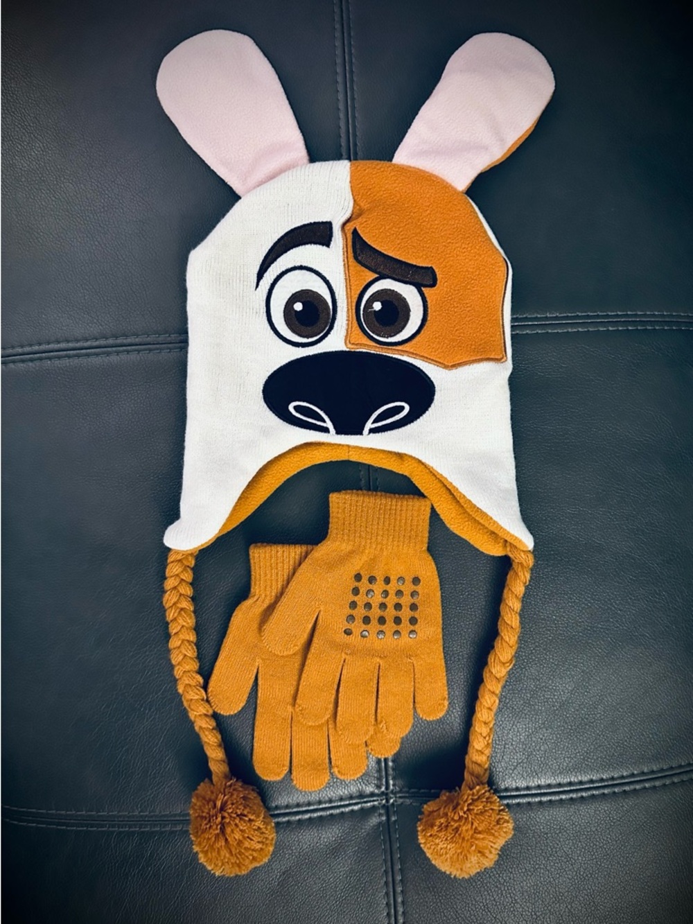Kids Cute Dog Ear Knit Hat with Matching Orange Gloves
